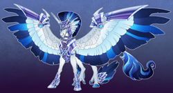 Size: 3066x1650 | Tagged: safe, artist:turnipberry, imported from derpibooru, shining armor, alicorn, pony, alicornified, armor, colored hooves, colored wings, colored wingtips, dewclaw, ethereal wings, male, prince shining armor, race swap, solo, spread wings, stallion, starry wings, wing armor, winged hooves, wings