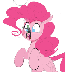 Size: 1733x1914 | Tagged: safe, artist:hattsy, imported from derpibooru, pinkie pie, oc, oc:anon, earth pony, pony, female, humans riding ponies, macro, mare, micro, no pupils, open mouth, pointing, riding, smiling