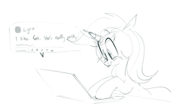 Size: 1911x1251 | Tagged: safe, artist:hattsy, imported from derpibooru, lyra heartstrings, pony, unicorn, computer, female, laptop computer, mare, monochrome, open mouth, solo, tongue out, typing