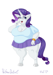 Size: 800x1131 | Tagged: safe, artist:professordoctorc, imported from derpibooru, rarity, anthro, unguligrade anthro, series:r is for rarity, bbw, bracelet, breasts, busty rarity, clothes, fat, jewelry, morbidly obese, nail polish, obese, raritubby, simple background, skirt, white background