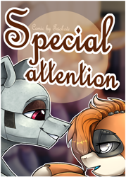 Size: 2500x3500 | Tagged: safe, artist:trickate, imported from derpibooru, oc, oc only, oc:dorn, oc:kiva, pony, robot, robot pony, comic:special attention, bedroom eyes, comic, cover, cover art, female, grin, kirn, lidded eyes, looking at each other, male, oc x oc, shipping, smiling, straight, text