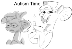 Size: 1651x1132 | Tagged: safe, artist:imsokyo, imported from derpibooru, cozy glow, nurse redheart, earth pony, pegasus, pony, /mlp/, 4chan, anti-vaxxers, autism, drawthread, meme, monochrome, sketch, stock photo, text, trollface, vaccination