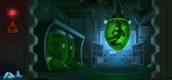 Size: 4000x1855 | Tagged: safe, artist:discordthege, imported from derpibooru, oc, oc:whisper, changeling, fallout equestria, fanfic:fallout equestria: the chrysalis, book cover, changeling oc, cocoon, computer, cover, crystal, fanfic art, illustration, laboratory, pod