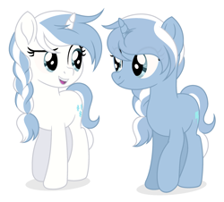 Size: 2527x2286 | Tagged: safe, artist:rioshi, artist:starshade, imported from derpibooru, oc, oc only, oc:coldsnap, oc:frostbite, pony, unicorn, braid, duo, eye contact, female, looking at each other, mare, siblings, simple background, sisters, twin sisters, twins, white background