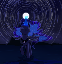 Size: 2928x3000 | Tagged: safe, artist:thehuskylord, imported from derpibooru, princess luna, alicorn, pony, colored, crown, dark background, eyes closed, eyeshadow, female, high res, jewelry, magic, makeup, moon, mountain, night, ocean, regalia, shading, sky, solo, spread wings, stars, time-lapse, timelapse, wings