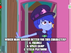 Size: 666x500 | Tagged: safe, edit, edited screencap, imported from derpibooru, screencap, space camp, space camp (character), equestria girls, equestria girls series, five lines you need to stand in, spoiler:eqg series (season 2), caption, female, hat, image macro, text