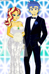 Size: 2250x3375 | Tagged: safe, artist:chuyryu, imported from derpibooru, flash sentry, sunset shimmer, equestria girls, breasts, cleavage, clothes, dress, female, flashimmer, male, marriage, shipping, straight, tuxedo, updated, wedding, wedding dress