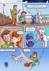 Size: 1280x1853 | Tagged: safe, artist:shieltar, imported from derpibooru, princess celestia, princess luna, oc, oc:big mark, oc:grace harmony, human, pony, comic:birth of equestria, bait and switch, cewestia, comic, dialogue, female, filly, flying, food, goggles, ice cream, magic, pink-mane celestia, tower, winged human, woona, younger