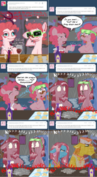 Size: 1002x1832 | Tagged: safe, artist:pippy, artist:telemiscommunications, imported from derpibooru, carrot cake, cup cake, pinkie pie, pony, pinkiepieskitchen, bubble berry, bubbleberry answers, comic, drunk, drunkie pie, oven, rule 63, self ponidox, sprinkler, wet mane