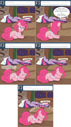 Size: 1002x1772 | Tagged: safe, artist:pippy, imported from derpibooru, pinkie pie, twilight sparkle, pony, pinkiepieskitchen, apron, clothes, comic, prone, sleeping, snoring