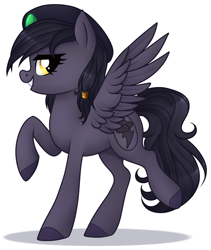 Size: 1566x1853 | Tagged: safe, artist:kannakiller, edit, imported from derpibooru, oc, oc only, oc:mir, pegasus, pony, beret, dashite, female, grin, hat, hooves, leg lifted, leg raise, looking back, pose, raised leg, simple background, smiling, sticker, transparent background, wings, ych result