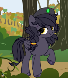 Size: 3348x3862 | Tagged: safe, artist:workshopfavni, edit, imported from derpibooru, oc, oc only, oc:mir, pegasus, pony, beret, female, hat, hooves, leg lifted, leg raise, looking back, raised leg, simple background, smiling, solo, tree, wings, ych result