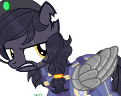 Size: 958x758 | Tagged: safe, artist:newbiecirry, imported from derpibooru, oc, oc only, oc:mir, pegasus, pony, fallout equestria, alternate timeline, alternate universe, amputee, artificial wings, augmented, beret, dashite, enclave, eye scar, female, grand pegasus enclave, gritted teeth, hat, looking back, metal, prosthetic limb, prosthetic wing, prosthetics, scar, simple background, torn ear, transparent background, wings, ych result