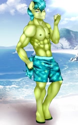 Size: 800x1280 | Tagged: safe, artist:littlebird, imported from derpibooru, sandbar, anthro, unguligrade anthro, beach, canon, clothes, commission, handsome, male, muscles, partial nudity, ripped, solo, stupid sexy sandbar, topless