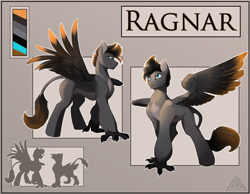 Size: 4000x3100 | Tagged: safe, artist:elicitie, imported from derpibooru, oc, oc:ragnar, hippogriff, hybrid, absurd resolution, barrel chest, blue eyes, cel shading, cell shaded, color palette, colored, front view, griffon wings, large wings, male, reference sheet, side view, simple background, size chart, size comparison, skeptical, smiling, smirk, tail, tail fluff, tall, talons, three quarter view, two toned coat, two toned mane, two toned tail, two toned wings, two-tone coat, wings