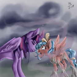 Size: 600x600 | Tagged: dead source, safe, artist:artistincproductions, imported from derpibooru, cozy glow, twilight sparkle, alicorn, pegasus, pony, the ending of the end, cozybuse, crying, female, filly, mare, petrification, scared, teary eyes, twilight sparkle (alicorn)