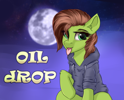 Size: 2500x2020 | Tagged: safe, artist:lakunae, imported from derpibooru, oc, oc only, oc:oil drop, pony, clothes, eyeliner, eyeshadow, female, hoodie, leg fluff, looking at you, makeup, mare, moon, sitting, solo, tongue out