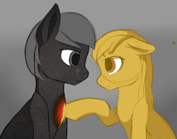 Size: 1280x1011 | Tagged: safe, artist:aikoyogurt, imported from derpibooru, oc, oc only, earth pony, object pony, original species, pony, abstract background, duo, female, frying pan, half body, hoof on chest, looking at each other, looking at someone, male, mare, oil, ponified, stallion