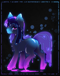Size: 631x800 | Tagged: safe, artist:rugissang, imported from derpibooru, oc, oc only, oc:ebony rain, goo, goo pony, monster pony, original species, pony, abstract background, butt, looking at you, monster mare, plot, slime, solo