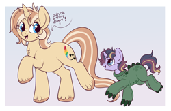 Size: 890x582 | Tagged: safe, artist:lulubell, imported from derpibooru, oc, oc only, oc:lulubell, oc:warm wishes, pony, unicorn, aunt and nephew, chase, clothes, colt, costume, dragon costume, duo, female, freckles, male, mare, playing, unshorn fetlocks