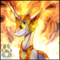 Size: 2500x2500 | Tagged: safe, artist:karsithedog, imported from derpibooru, daybreaker, alicorn, pony, bust, female, fire, grin, helmet, jewelry, lidded eyes, looking at you, mane of fire, mare, regalia, sharp teeth, smiling, solo, teeth