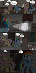 Size: 2000x4000 | Tagged: safe, artist:skitter, imported from derpibooru, fluttershy, rainbow dash, pegasus, pony, comic:secret of the haunted nursery, abandoned, comic, crib, dialogue, door slam, flashlight (object), floppy ears, haunted house, high res, mobile, mouth hold, nursery, onomatopoeia, playpen, raised hoof, sound effects, speech bubble, spread wings, startled, this will end in diapers, wings