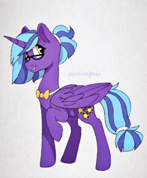 Size: 1527x1843 | Tagged: safe, artist:incendiaryboobs, artist:incendiarymoth, imported from derpibooru, oc, oc only, oc:princess evening light, alicorn, pony, bowtie, glasses, looking at you, magical lesbian spawn, offspring, parent:princess luna, parent:twilight sparkle, parents:twiluna, raised hoof, simple background, smiling, solo, tail wrap, white background