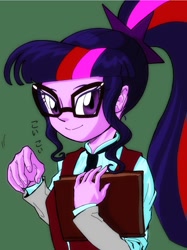 Size: 815x1090 | Tagged: safe, artist:xjleiu, imported from derpibooru, sci-twi, twilight sparkle, equestria girls, friendship games, book, clothes, crystal prep academy uniform, female, glasses, school uniform, smiling, solo