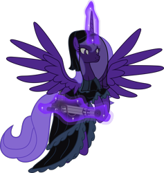 Size: 5486x5777 | Tagged: safe, artist:vector-brony, imported from derpibooru, oc, oc only, oc:lacunae, alicorn, pony, fallout equestria, fallout equestria: project horizons, alicorn oc, clothes, fanfic art, female, gun, levitation, magic, mare, minigun, simple background, solo, telekinesis, transparent background, weapon