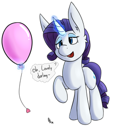 Size: 2048x2048 | Tagged: safe, artist:ponballoon, imported from derpibooru, rarity, pony, unicorn, balloon, cute, dialogue, female, heart, lidded eyes, magic, mare, raised hoof, solo