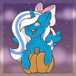 Size: 800x800 | Tagged: safe, artist:crystalsketch342, imported from derpibooru, oc, oc only, oc:fleurbelle, alicorn, pony, adorabelle, adorable face, alicorn oc, bow, cute, female, hair bow, halloween, happy, holiday, mare, ocbetes, pumpkin, sweet, yellow eyes