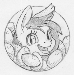 Size: 1051x1073 | Tagged: safe, artist:dilarus, deleted from derpibooru, imported from derpibooru, oc, oc only, oc:low ping, bat pony, pony, bat pony oc, fangs, female, food, heart, mango, mare, monochrome, profile picture, simple background, sketch, solo, traditional art, white background