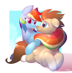 Size: 2383x2422 | Tagged: safe, artist:b-epon, imported from derpibooru, rainbow dash, oc, oc:skittle, pegasus, pony, :p, canon x oc, coat markings, cute, eye contact, female, looking at each other, male, mare, prone, shipping, skidash, smiling, stallion, tongue out