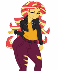 Size: 2600x3200 | Tagged: safe, artist:mashoart, imported from derpibooru, sunset shimmer, equestria girls, equestria girls series, sunset's backstage pass!, spoiler:eqg series (season 2), ass, bunset shimmer, butt, clothes, cutie mark on clothes, female, looking at you, pants, simple background, solo, the ass was fat, thicc ass, thick, torn clothes, white background, wide hips