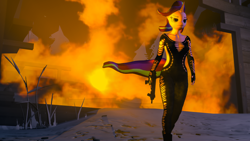 Size: 3840x2160 | Tagged: safe, artist:helioseusebio, imported from derpibooru, starlight glimmer, anthro, plantigrade anthro, the ending of the end, 3d, badass, cool guys don't look at explosions, fire, gun, source filmmaker, starlight glimmer in places she shouldn't be, submachinegun, weapon, windswept mane