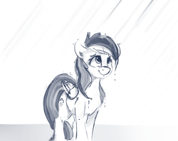 Size: 1280x1012 | Tagged: safe, artist:thefloatingtree, imported from derpibooru, rainbow dash, pegasus, pony, female, folded wings, looking up, mare, monochrome, rain, sketch, smiling, solo, three quarter view, wet mane, wings