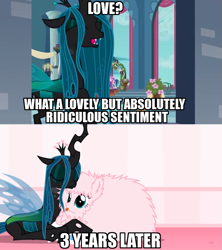 Size: 681x767 | Tagged: safe, artist:mixermike622, edit, edited screencap, imported from derpibooru, screencap, princess cadance, queen chrysalis, shining armor, oc, oc:fluffle puff, changeling, changeling queen, pony, tumblr:ask fluffle puff, a canterlot wedding, a better ending for chrysalis, adorkable, alternate scenario, alternate timeline, alternate universe, canon x oc, caption, character development, chrysipuff, comic, cuddling, cute, cutealis, dialogue, dork, dorkalis, everything went better than expected, evil, eyes closed, fangs, female, good, good end, happy, hug, image macro, irony, laughing, lesbian, love, mare, mind blown, redemption, reformed, shipping, silly, silly pony, sitting, smiling, snuggling, subversion, sweet dreams fuel, talking, teeth, text, what if, wings