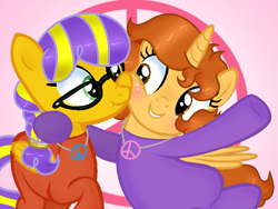 Size: 955x718 | Tagged: safe, artist:doraeartdreams-aspy, imported from derpibooru, oc, oc:aspen, oc:sunrise glisten, alicorn, pony, alicorn oc, base used, bodysuit, catsuit, cheek squish, cute, female, glasses, hippie, hug, jewelry, latex, latex suit, necklace, peace suit, peace symbol, rubber suit, sibling love, siblings, sisterly love, sisters, smiling, squishy cheeks