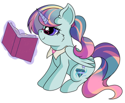 Size: 1280x1054 | Tagged: safe, artist:rainbowtashie, imported from derpibooru, cloudy quartz, posey shy, twilight velvet, windy whistles, oc, oc:earthing elements, alicorn, pony, alicorn oc, book, collar, commissioner:bigonionbean, cute, cutie mark, female, fusion, fusion:cloudy quartz, fusion:evening emeralds, fusion:posey shy, fusion:twilight velvet, fusion:windy whistles, glasses, grandmother, levitation, magic, mare, parent:cloudy quartz, parent:posey shy, parent:twilight velvet, parent:windy whistles, telekinesis, young