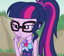 Size: 1233x1080 | Tagged: safe, imported from derpibooru, screencap, sci-twi, twilight sparkle, equestria girls, equestria girls series, friendship math, bare shoulders, beach, beach babe, bedroom eyes, clothes, cropped, cute, female, geode of telekinesis, glasses, magical geodes, one-piece swimsuit, ponytail, sleeveless, solo, swimsuit, thinking, twiabetes