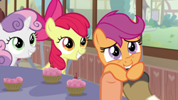 Size: 1280x720 | Tagged: safe, imported from derpibooru, screencap, apple bloom, mane allgood, scootaloo, snap shutter, sweetie belle, earth pony, pegasus, pony, unicorn, the last crusade, cupcake, cute, cutealoo, cutie mark crusaders, food, holding a pony, holding hooves, holding ponies by hooves