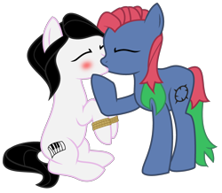 Size: 1280x1115 | Tagged: safe, artist:kalaverapastillera, imported from derpibooru, oc, oc only, oc:blackthorn, oc:stiky keys, earth pony, pony, blushing, eyes closed, female, kissing, lesbian, mare, rope