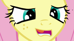 Size: 1280x720 | Tagged: safe, edit, edited screencap, imported from derpibooru, screencap, fluttershy, pony, sweet and smoky, bust, close-up, female, freckles, inverted mouth, mare, open mouth, portrait, solo, teeth