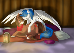 Size: 1394x997 | Tagged: safe, artist:scarletsfeed, imported from derpibooru, oc, oc:autumn harvest, oc:master valor mccloud, earth pony, pegasus, pony, bandana, blanket, blushing, female, hoof on belly, lantern, looking at belly, male, mare, oc x oc, pillow, pregnant, shipping, spread wings, stallion, tail wrap, wings