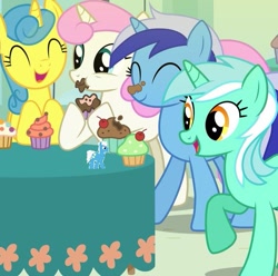 Size: 569x564 | Tagged: safe, artist:hereward, imported from derpibooru, lemon hearts, lyra heartstrings, minuette, twinkleshine, oc, oc:landry, earth pony, pony, unicorn, amending fences, 1 hour in ms paint, 1000 hours in ms paint, collage, cupcake, food, screencap background, shrunk, shrunken, table, tablecloth, tiny