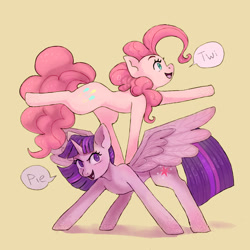 Size: 2024x2024 | Tagged: safe, artist:insanitylittlered, imported from derpibooru, pinkie pie, twilight sparkle, alicorn, earth pony, pony, balancing, duo, female, lesbian, mare, shipping, speech bubble, twilight sparkle (alicorn), twinkie
