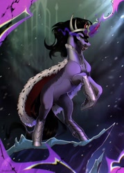 Size: 687x960 | Tagged: safe, artist:dark-fox01, imported from derpibooru, king sombra, pony, umbrum, unicorn, armor, cape, clothes, crystal castle, dark magic, fangs, magic, male, open mouth, rearing, snow, solo, sombra eyes, stallion