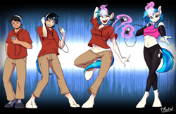 Size: 2782x1800 | Tagged: safe, artist:tf-sential, deleted from derpibooru, imported from derpibooru, dj pon-3, vinyl scratch, oc, oc:acesential, anthro, human, unguligrade anthro, belly button, clothes, dancing, explicit source, female, headphones, human to pony, ipod, leggings, looking at you, magic, male, male to female, midriff, nail polish, rule 63, solo, telekinesis, transformation, transformation sequence, transgender transformation