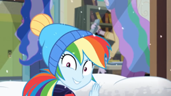 Size: 1600x900 | Tagged: safe, imported from derpibooru, screencap, princess celestia, princess luna, rainbow dash, equestria girls, equestria girls series, holidays unwrapped, spoiler:eqg series (season 2), blizzard or bust, bookshelf, bracelet, celestia's office, clothes, female, jewelry, lockers, peeping, principal celestia, principal luna, rear view, snow, toque, vice principal luna, window, winter outfit