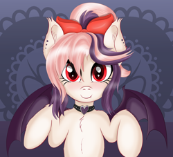 Size: 4426x4025 | Tagged: safe, artist:sethisto, imported from derpibooru, oc, oc only, oc:sweet velvet, bat pony, pony, bat pony oc, chest fluff, choker, cute, heart, looking at you, multicolored hair, ocbetes, red eyes, solo